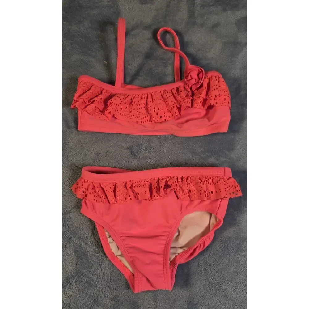 OP Girls 3T Coral Pink Bikini Swimsuit 2 Piece Ruffle Eyelet Floral Swim